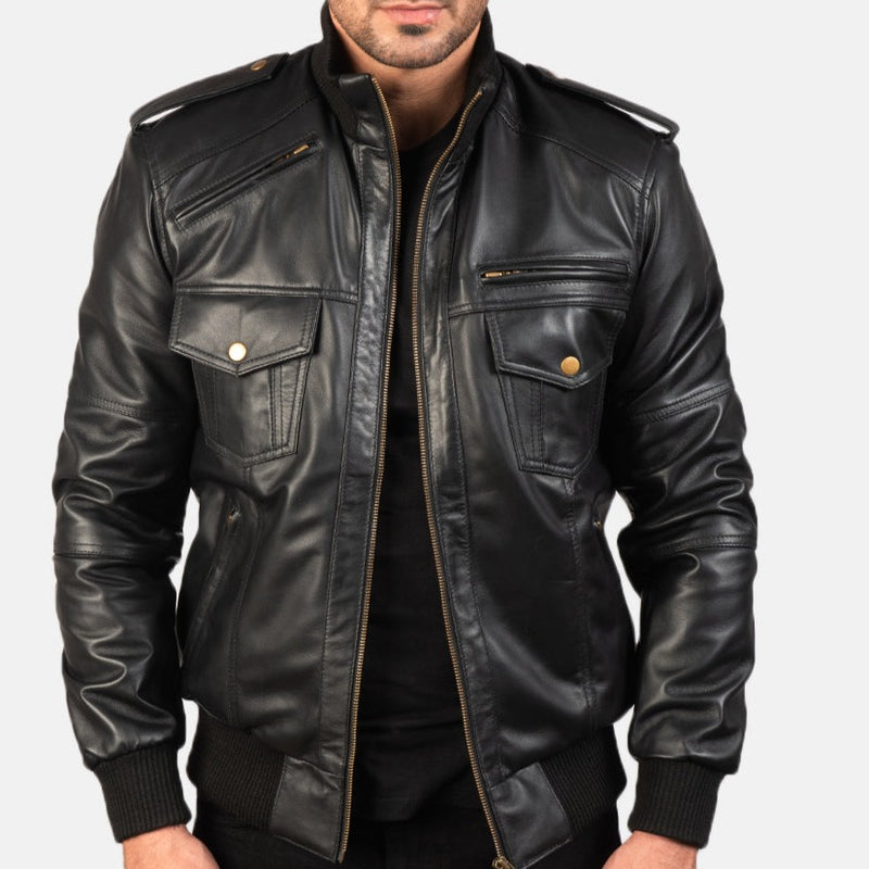 Shadow Black Leather Bomber Jacket