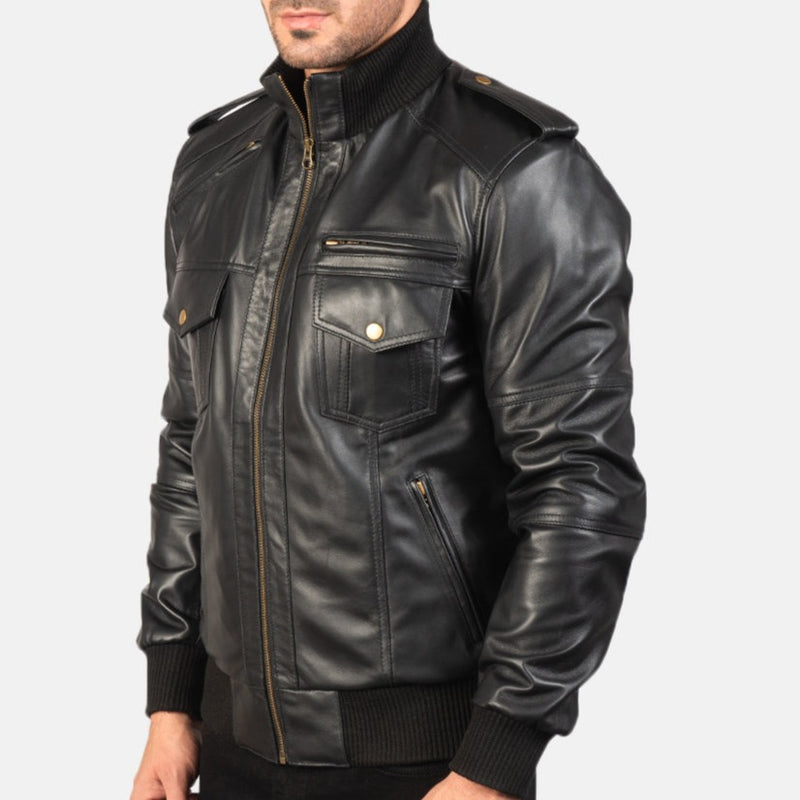 Shadow Black Leather Bomber Jacket