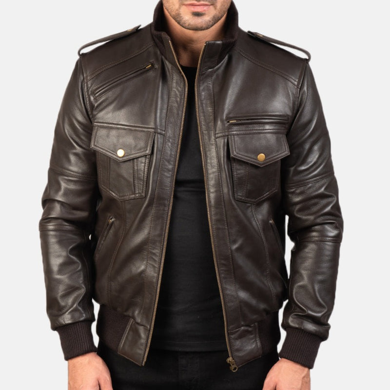 Shadow Brown Leather Bomber Jacket