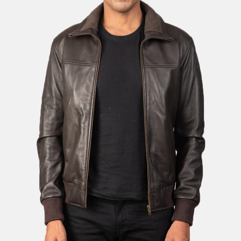 Brown Leather Bomber Jacket