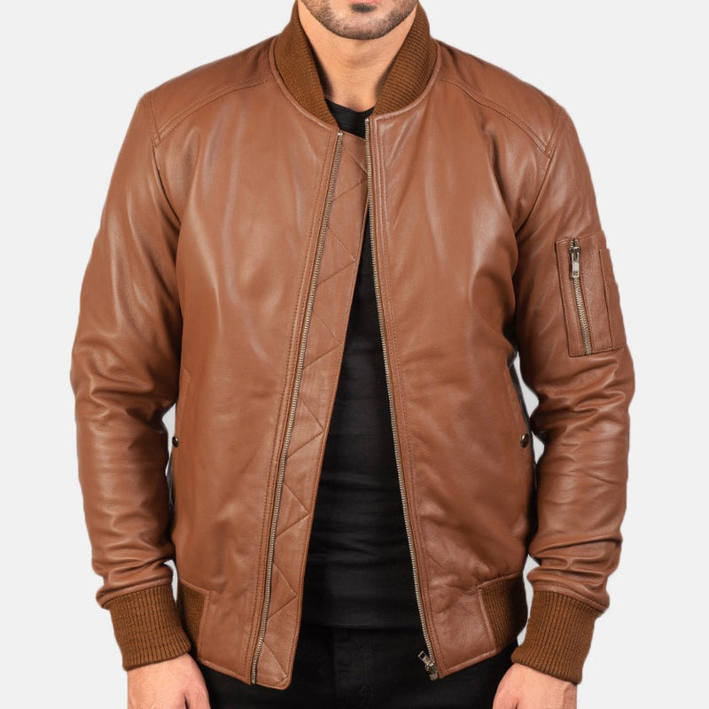 Brown Leather Bomber Jacket