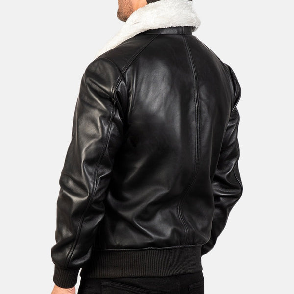 Men's Goatskin Leather Bomber Jacket - Black with Fur Collar