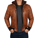 Brown Hooded Leather Jacket for Men