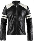 Café Racer Style Genuine sheepskin Leather Jacket With White Stirpes