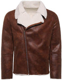 Men White Shearling FUR Genuine Sheepskin Leather Jacket With Stylish Zip In Brown