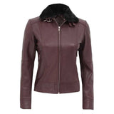 Women Brown Fur Collar Leather Jacket
