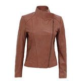 Women Tan Asymmetrical Biker Leather Jacket
