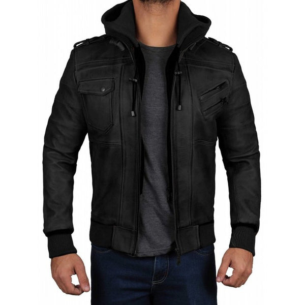 Black Hooded Leather Jacket | Musheditions | Free Shipping