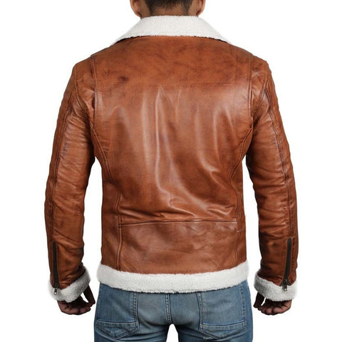 Brown Motorcycle Leather Jacket with Shearling for Men - Leather Jacket
