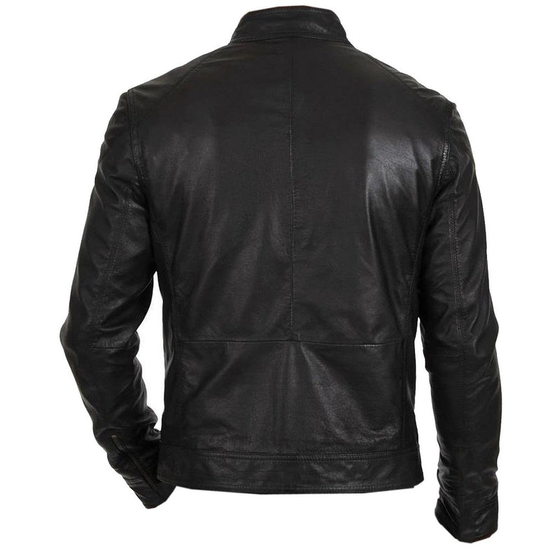 Men Black Collar Strap Leather Jacket - Leather Jacket