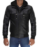 Mens Black Leather Jacket With Removable Hood