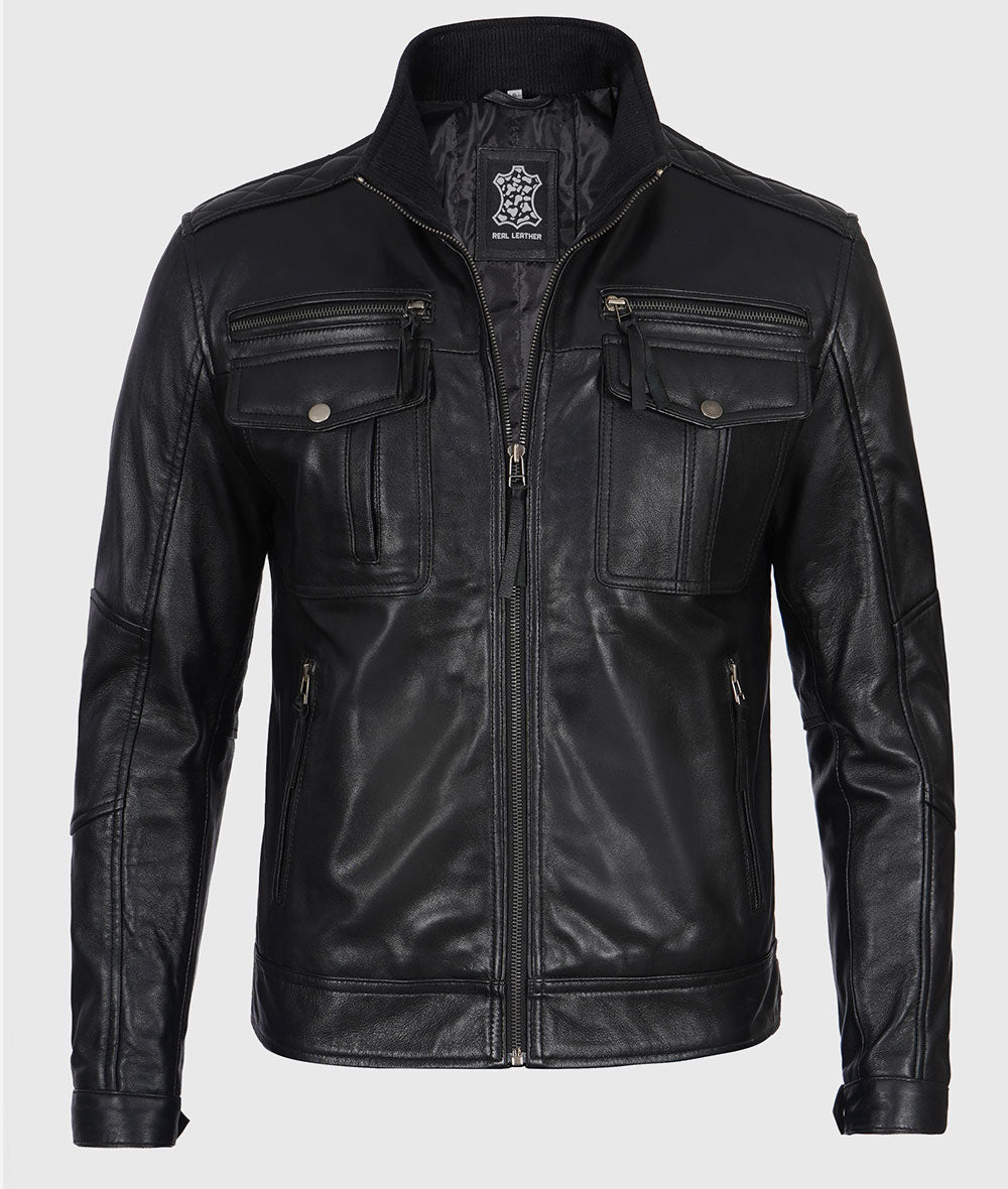 Moffit Mens Black Leather Biker Jacket