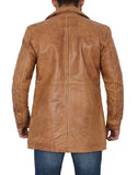 Mens Distressed Camel 3   4 Length Leather Coat