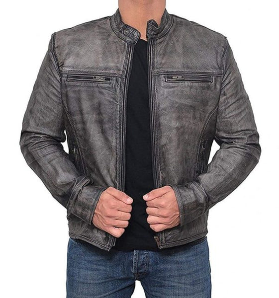 Garcia Mens Leather Distressed Grey Moto Jacket Musheditions
