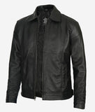 Reeves Black Shirt Collar Vintage Black Leather Jacket