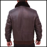 Mens Navy Air force Flight Bomber Leather Jacket Fur Collar