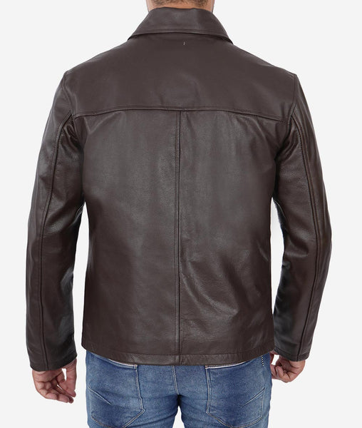 Mens Dark Brown Shirt Collar Cowhide Leather Jacket – Musheditions