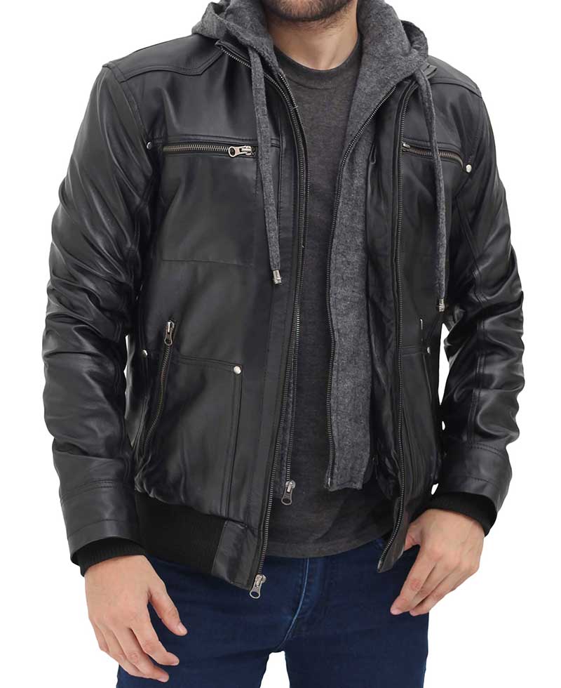 Mens Black Leather Bomber Jacket with Removable Hood