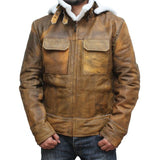 Distressed Brown Fur Hooded Genuine Leather Jacket