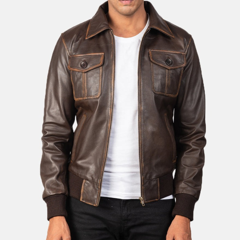 Brown Leather Bomber Jacket
