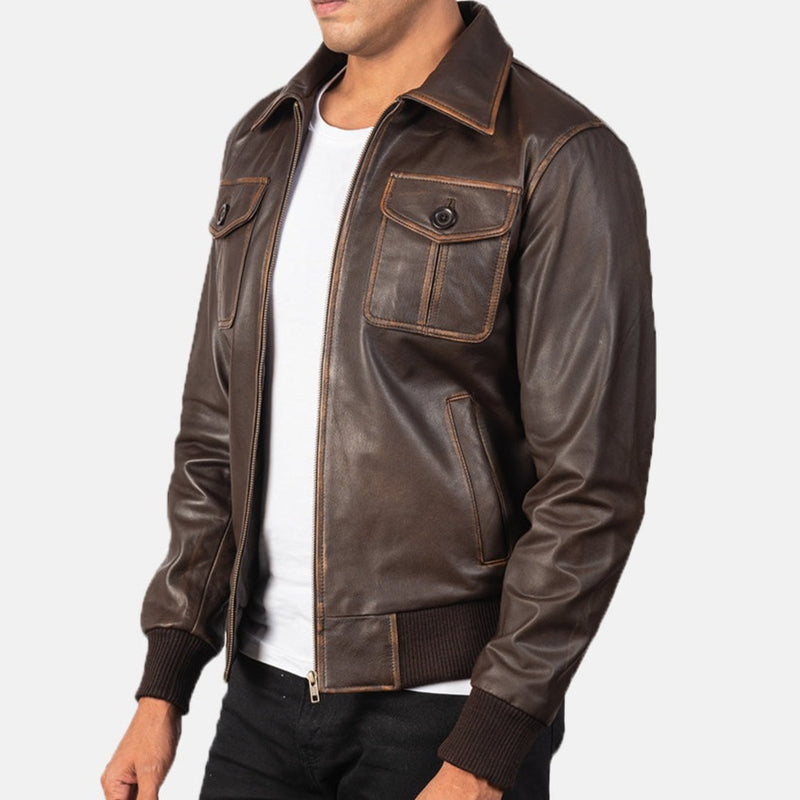 Brown Leather Bomber Jacket