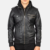 BOMBER-2413 Mush Black Hooded Leather Bomber Jacket