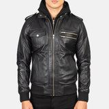 Black Hooded Leather Bomber Jacket