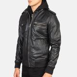 Black Hooded Leather Bomber Jacket