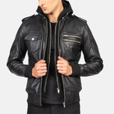 Black Hooded Leather Bomber Jacket