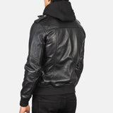 Black Hooded Leather Bomber Jacket