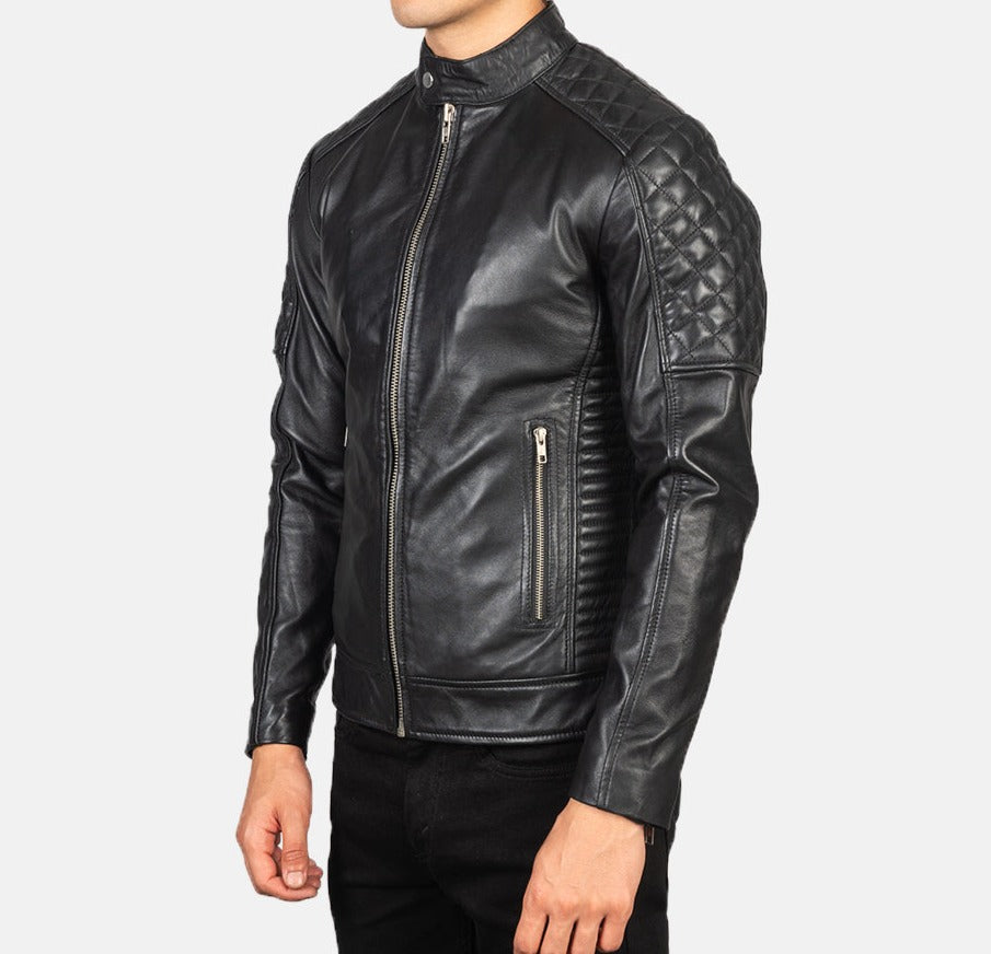 Black Cafe Racer Motorcycle Leather Jacket