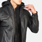 Black Hooded Leather Biker Jacket