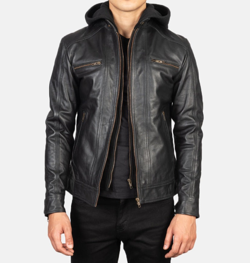 Leather jacket with detachable hood