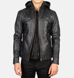 BIKER-1434 MUSH Black Hooded Leather Biker Jacket