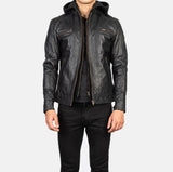 Black Hooded Leather Biker Jacket