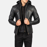 Black Hooded Leather Biker Jacket