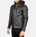 Black Hooded Leather Biker Jacket