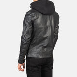 Black Hooded Leather Biker Jacket