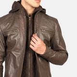Brown Hooded Leather Biker Jacket