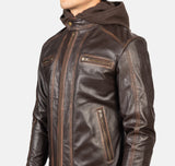 Vintage Brown Hooded Leather Biker Jacket