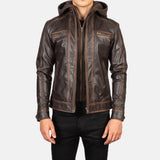 Vintage Brown Hooded Leather Biker Jacket