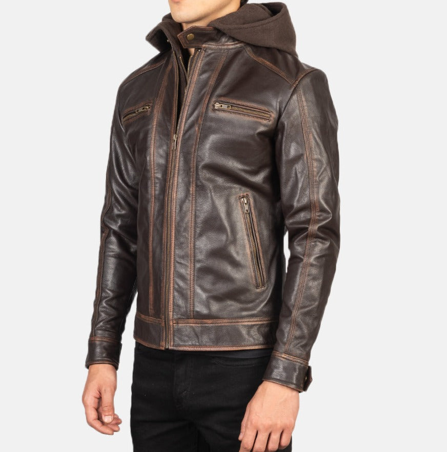 Hooded Brown Leather Biker Jacket