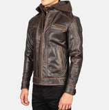 Hooded Brown Leather Biker Jacket