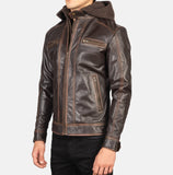 Vintage Brown Hooded Leather Biker Jacket