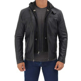 Black Bomber Hooded Leather Jacket - Leather Jacket