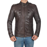Dark Brown Button Pocket Leather Jacket
