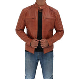 Cafe Racer Men Tan Leather Jacket - Leather Jacket