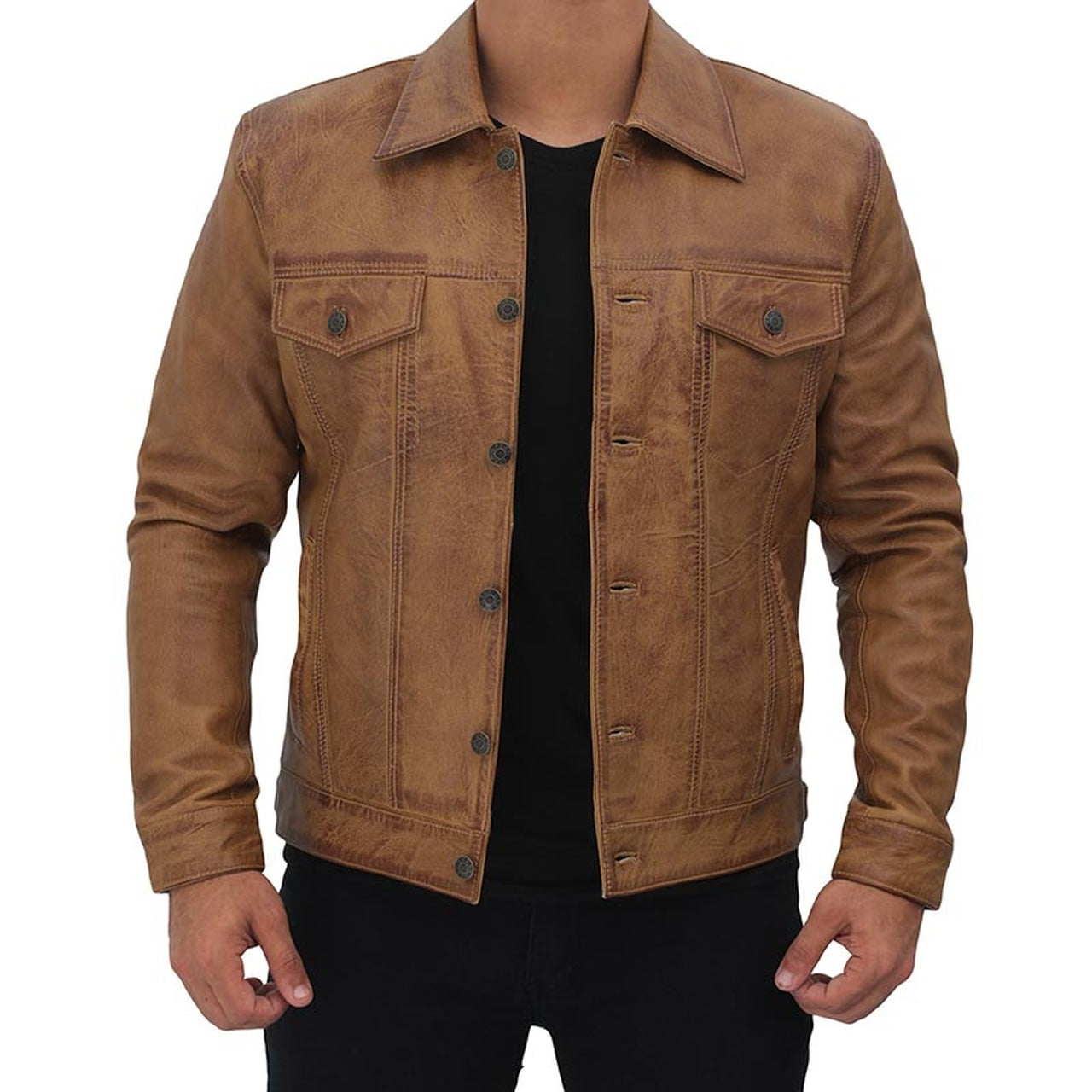Camel Brown Button Up Leather Trucker Jacket L / Brown Camel Brown Button Up Leather Trucker Jacket L / Brown