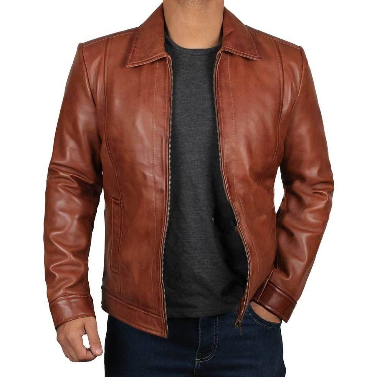 Stylish Biker Brown Leather Jacket For Men