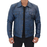 Dark Blue Trucker Leather Jacket - Leather Jacket